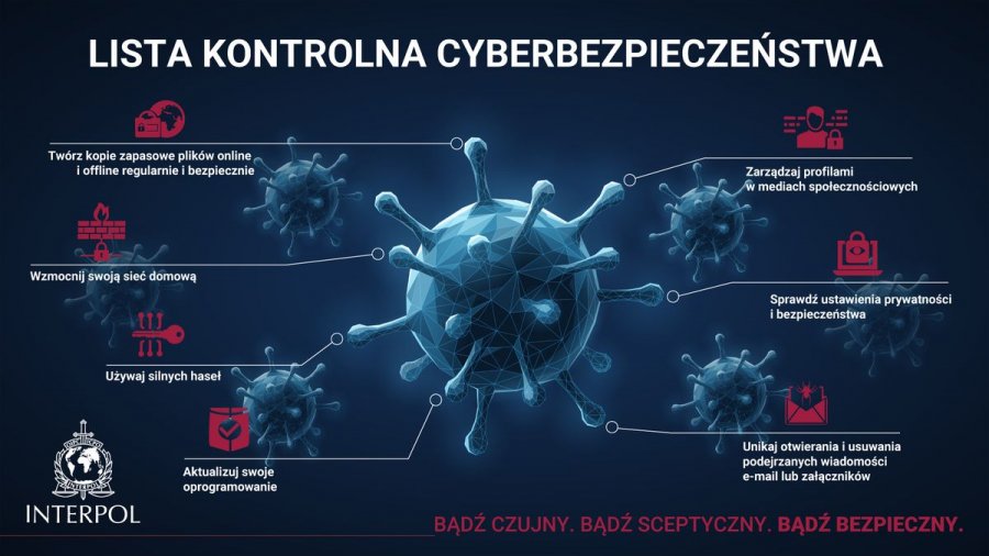 Infografika przedstawia listę kontrolną cyberbezpieczeństwa. Przestrzeganie zasad pozwoli uniknąć ryzyka zainfekowania urządzenia. Treści zawarte w tekście