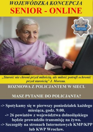 na plakacie zdjęcie seniorki, nad nią napis Senior online