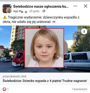 Uwaga nie dajcie się nabrać na fałszywe informacje! To oszustwo! Tym razem informacja, że w Świebodzicach dziecko wypada z 4 pietra