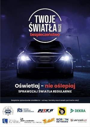 na ciemnym tle ciemne auto a nad nim napis Twoje światła – Nasze bezpieczeństwo”