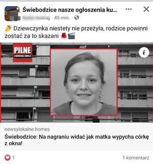 Uwaga nie dajcie się nabrać na fałszywe informacje! To oszustwo! Tym razem informacja, że w Świebodzicach matka wypchęła córkę z okna.