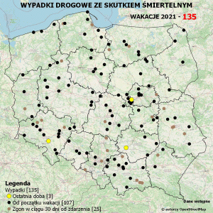 Policyjna mapa wypadków drogowych ze skutkiem śmiertelnym – Wakacje 2021