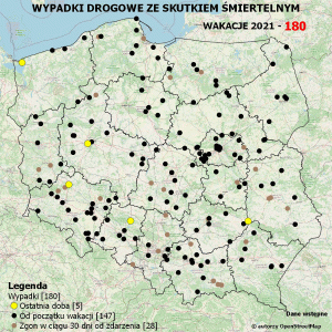 Policyjna mapa wypadków drogowych ze skutkiem śmiertelnym – Wakacje 2021