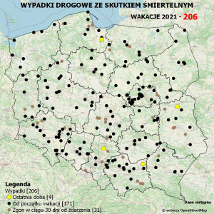 Policyjna mapa wypadków drogowych ze skutkiem śmiertelnym – Wakacje 2021