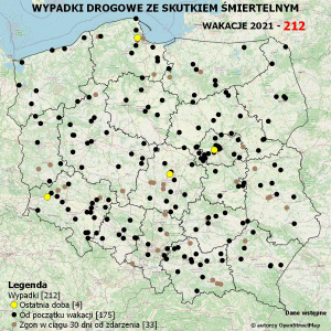 Policyjna mapa wypadków drogowych ze skutkiem śmiertelnym – Wakacje 2021