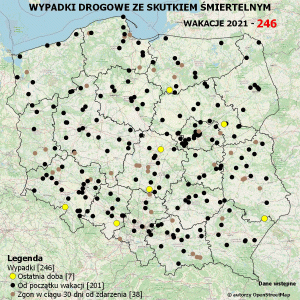 Policyjna mapa wypadków drogowych ze skutkiem śmiertelnym – Wakacje 2021