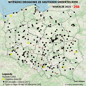 POLICYJNA MAPA WYPADKÓW DROGOWYCH ZE SKUTKIEM ŚMIERTELNYM – WAKACJE 2021