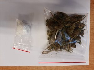 zabezpieczone narkotyki, w woreczku strunowym -biała substancja to amfetamina, susz roślinny to marihuana