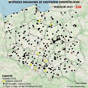 Policyjna mapa wypadków drogowych ze skutkiem śmiertelnym – Wakacje 2021