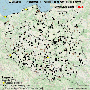 POLICYJNA MAPA WYPADKÓW DROGOWYCH ZE SKUTKIEM ŚMIERTELNYM – WAKACJE 2021