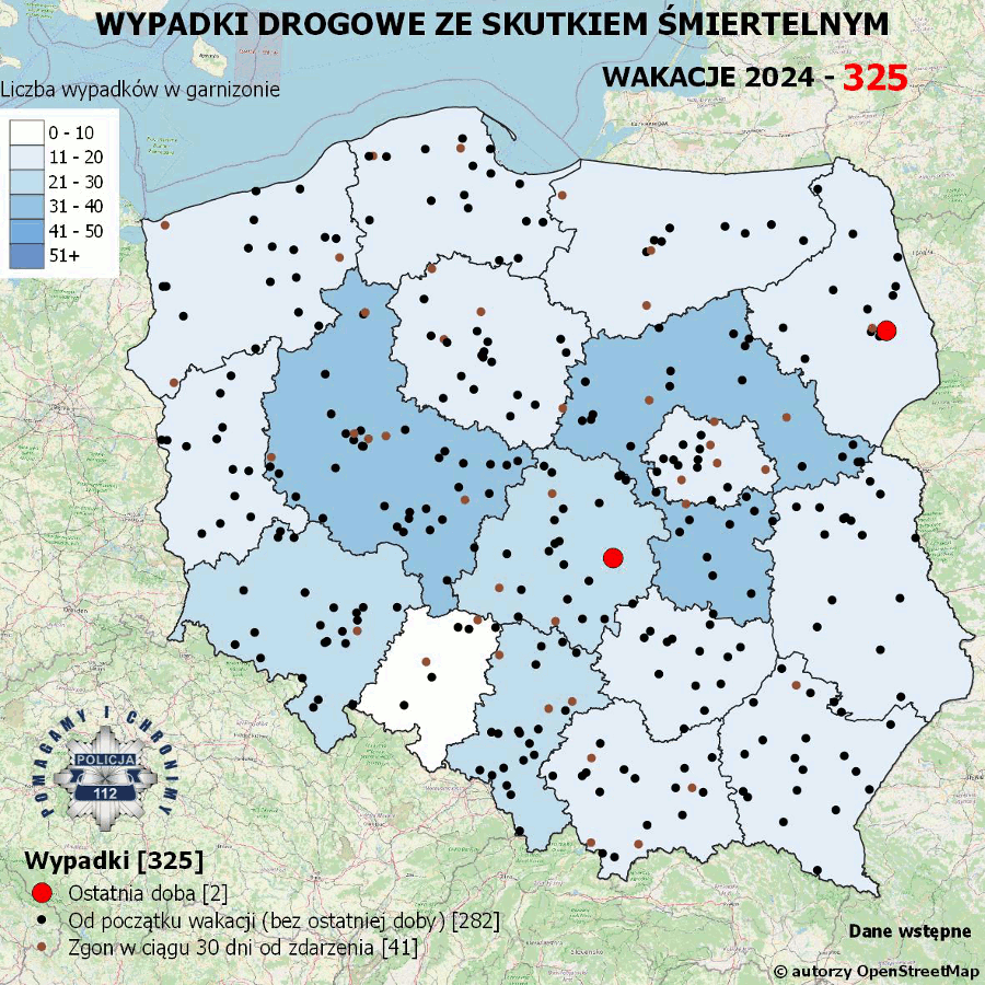 Policyjna mapa wypadków drogowych ze skutkiem śmiertelnym – Wakacje 2024